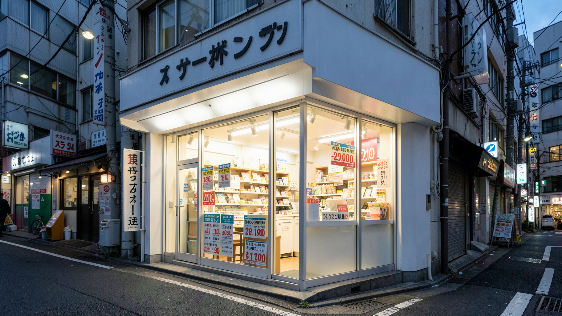 夕暮れの都市部に立つ小型フォーマットのスーパーマーケットの明るい店内