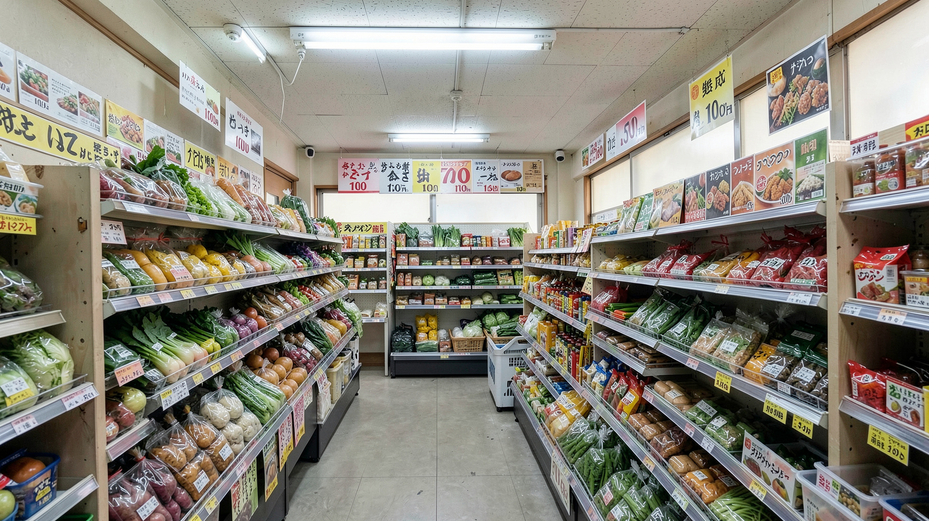 生鮮食品売り場を拡充する改装中の100円コンビニの明るい店内
