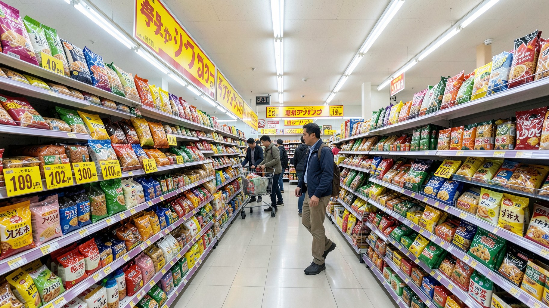 小型フォーマットの格安スーパーの明るい店内と価格表示