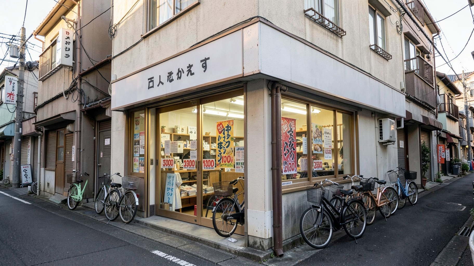 小型フォーマットの格安スーパーの明るい店内通路と価格表示