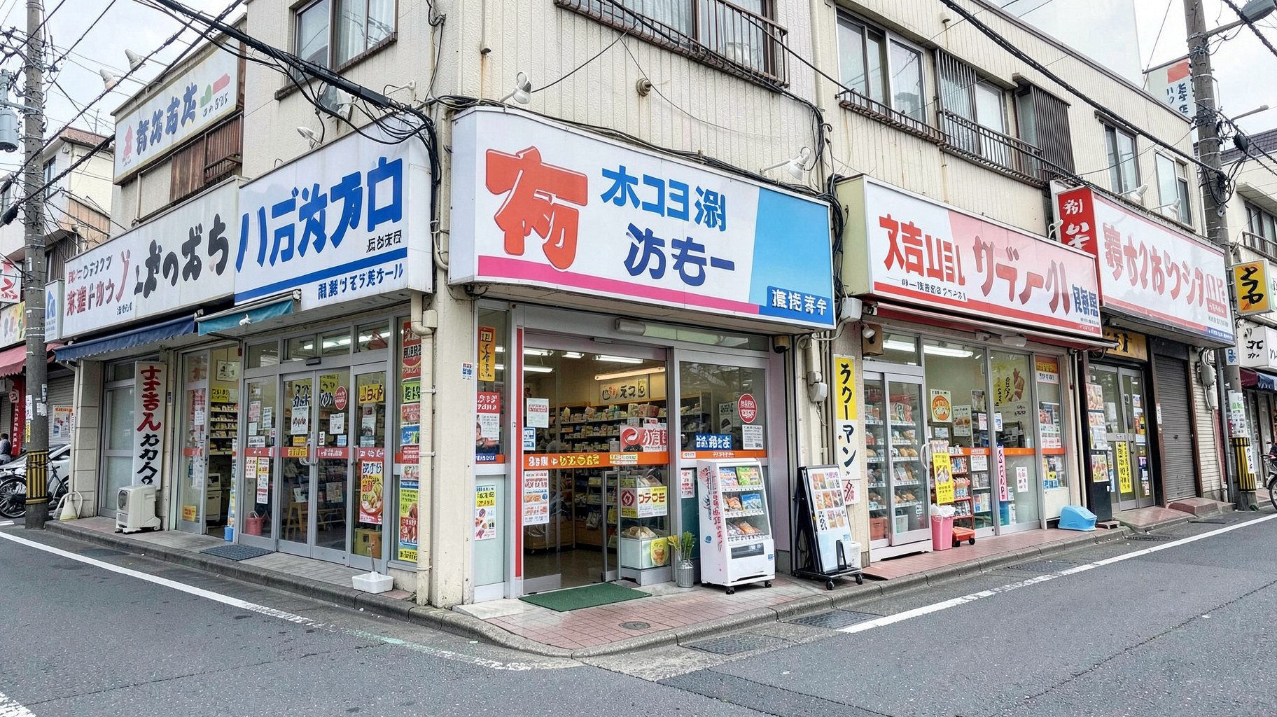 複数の小型スーパーの店舗看板が並ぶ商店街の通り