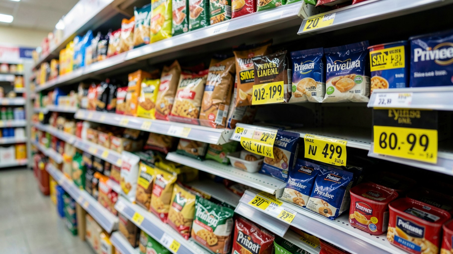 プライベートブランド商品が並ぶ棚と黄色い値引きタグ