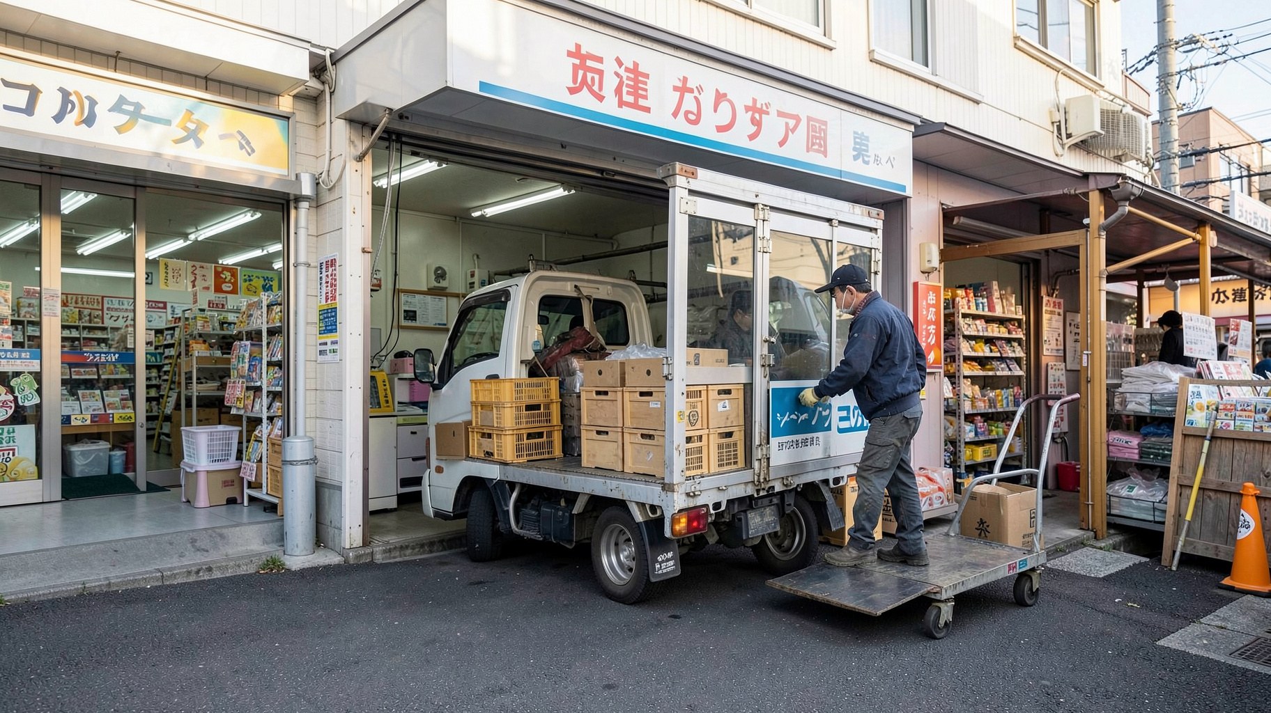 早朝に小型スーパーの搬入口で荷降ろしをする配送トラック