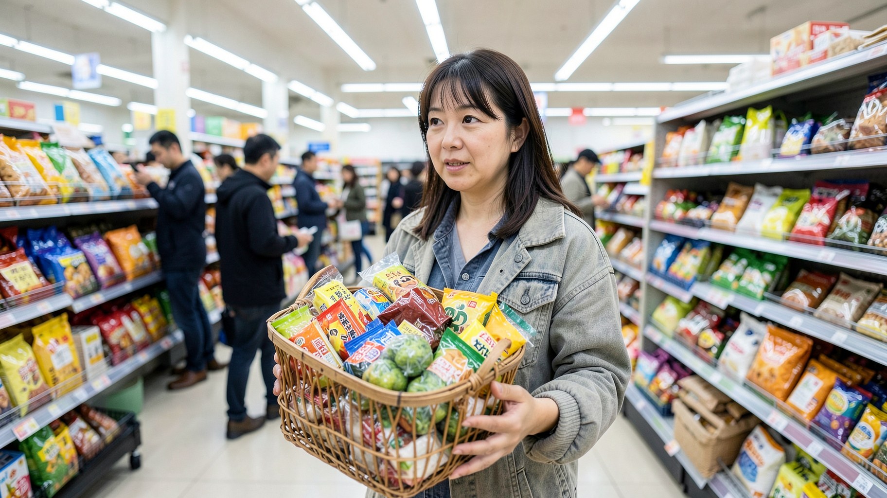 買い物かごに日用品を入れて選ぶ客の後ろ姿