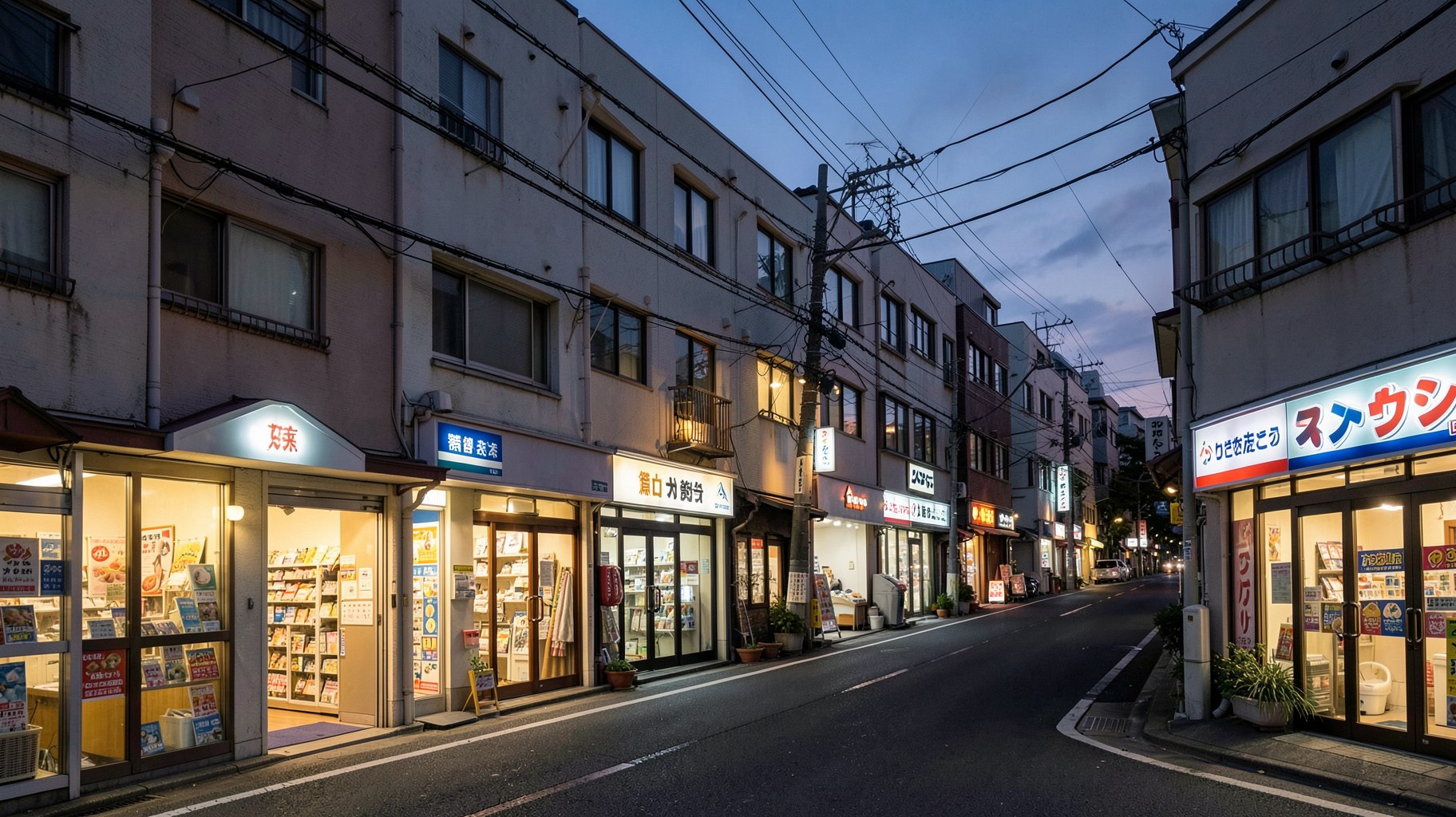 夕暮れの住宅街に明かりがともる小型店舗の並ぶ通り